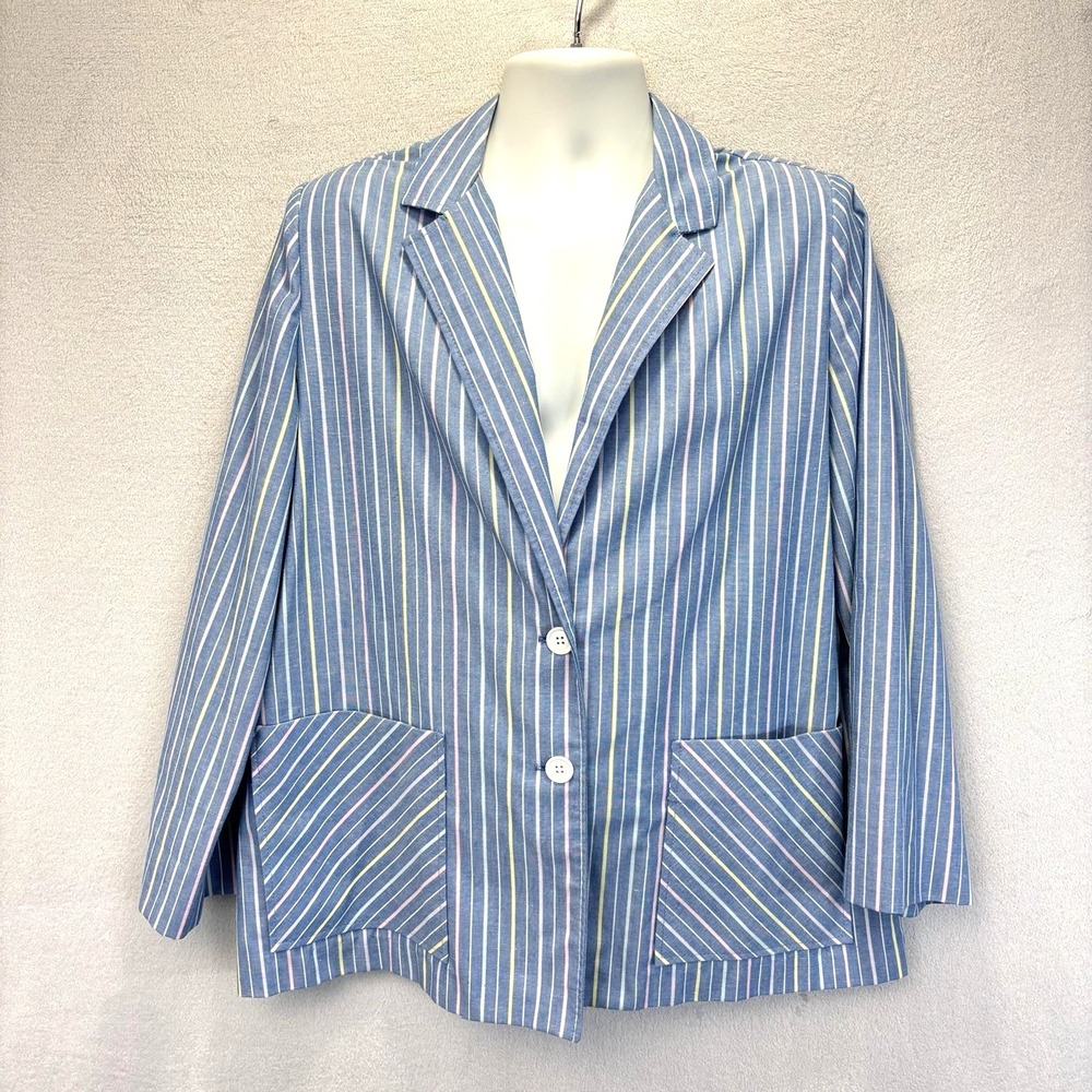 Vintage Barry Ashley Boxy Striped Blazer Jacket Womens 40 Blue Pastel Pockets